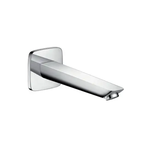 Wandmontierter Wanneneinlauf aus verchromtem Metall von Hansgrohe mit gerader, quadratischer Form und runder Wasserablauföffnung.